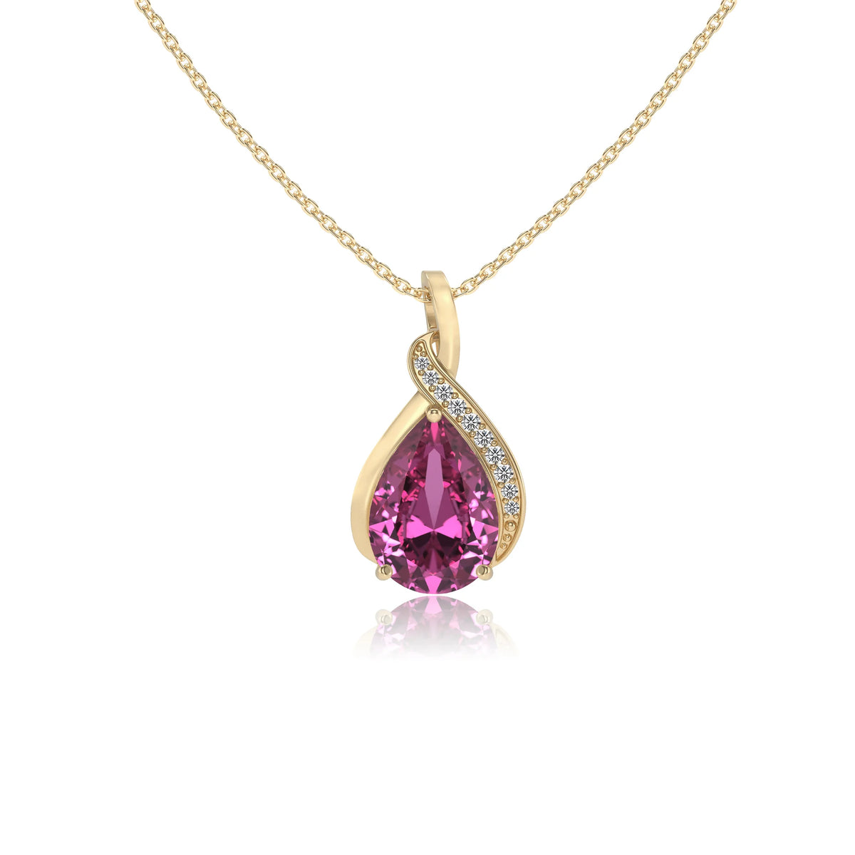 lab grown pink-sapphire pear solitaire necklaces in yellow gold 