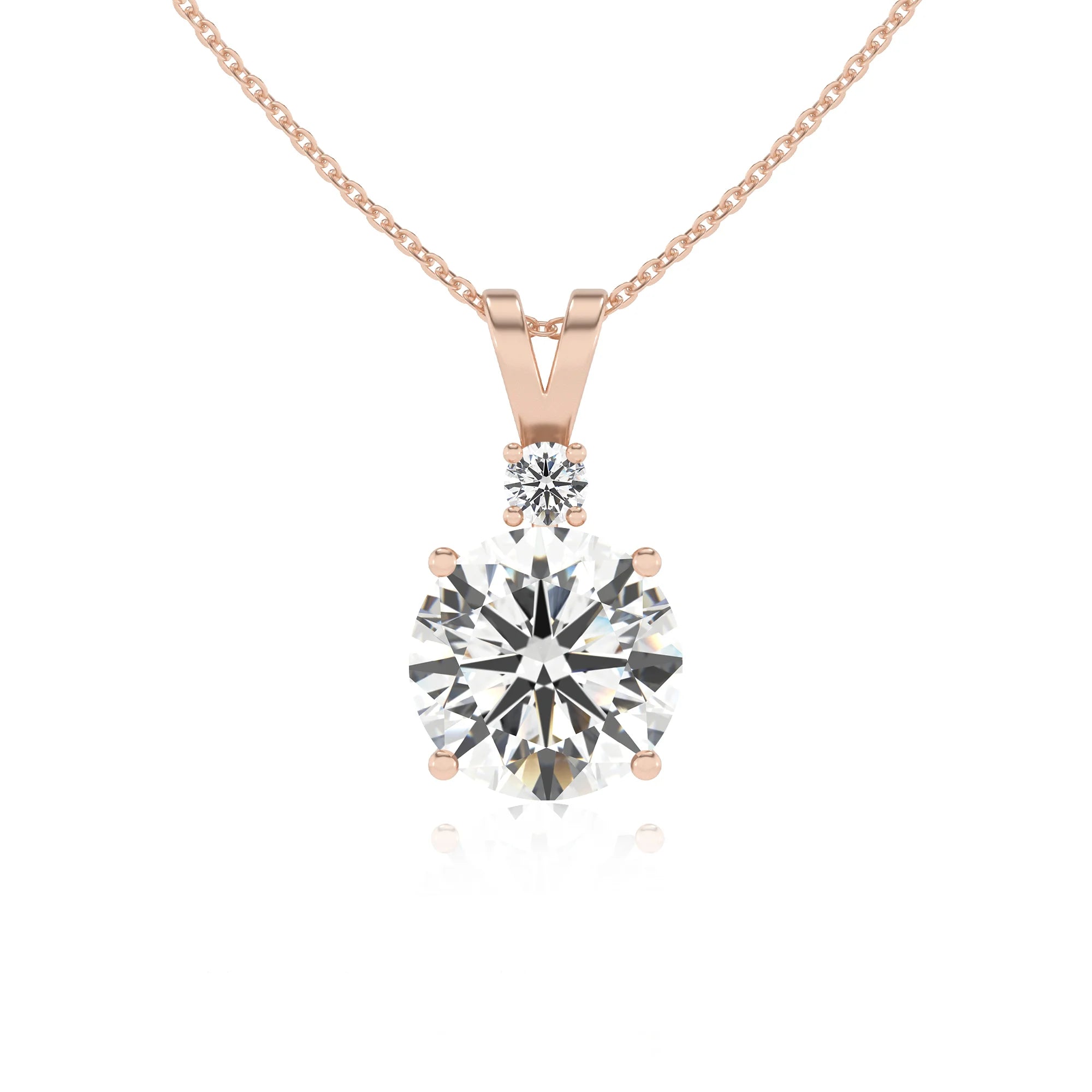 lab grown moissanite round solitaire v-bale necklaces in rose gold 