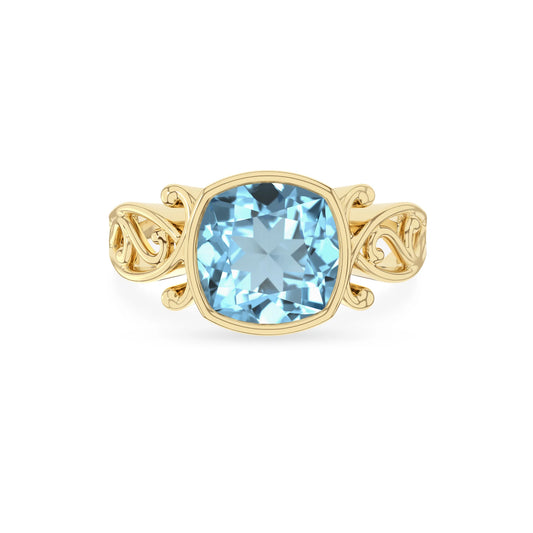 lab grown aquamarine cushion solitaire rings in yellow gold 