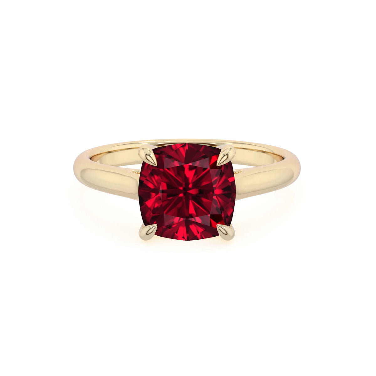 lab grown ruby cushion solitaire rings in yellow gold 
