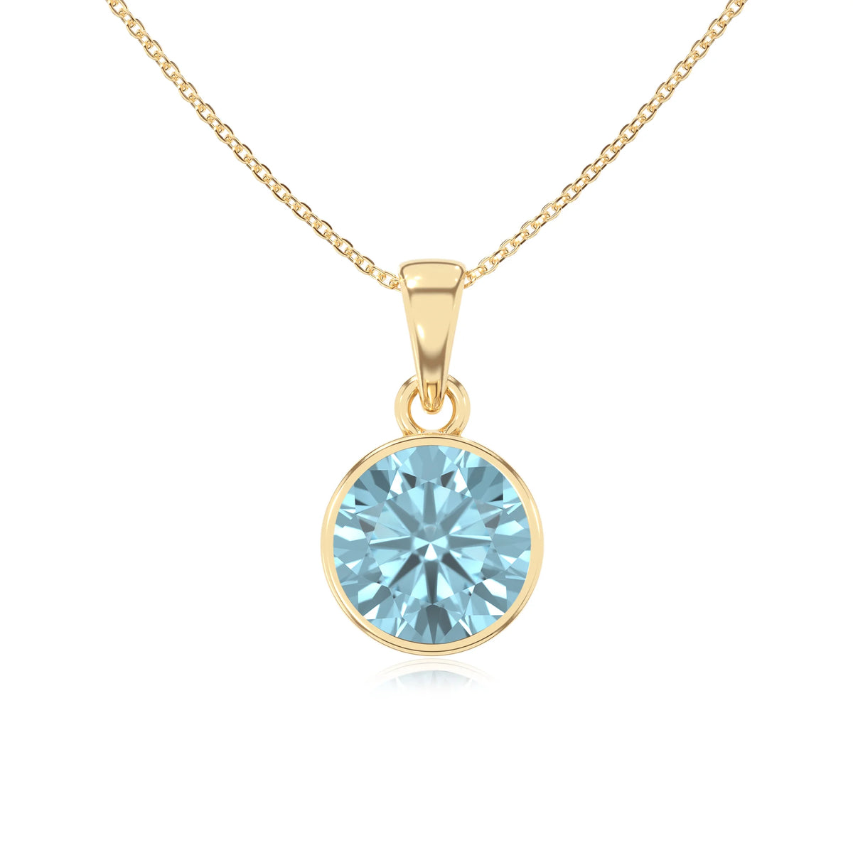 lab grown aquamarine round solitaire necklaces in yellow gold 