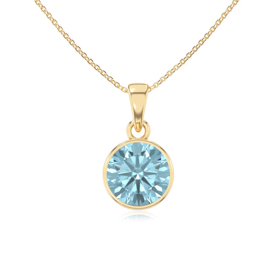 lab grown aquamarine round solitaire necklaces in yellow gold 