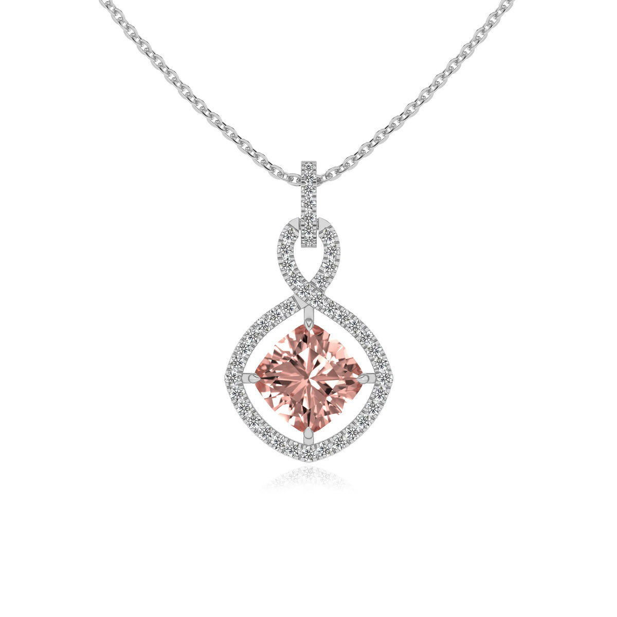 lab grown morganite cushion infinity necklaces in platinum 