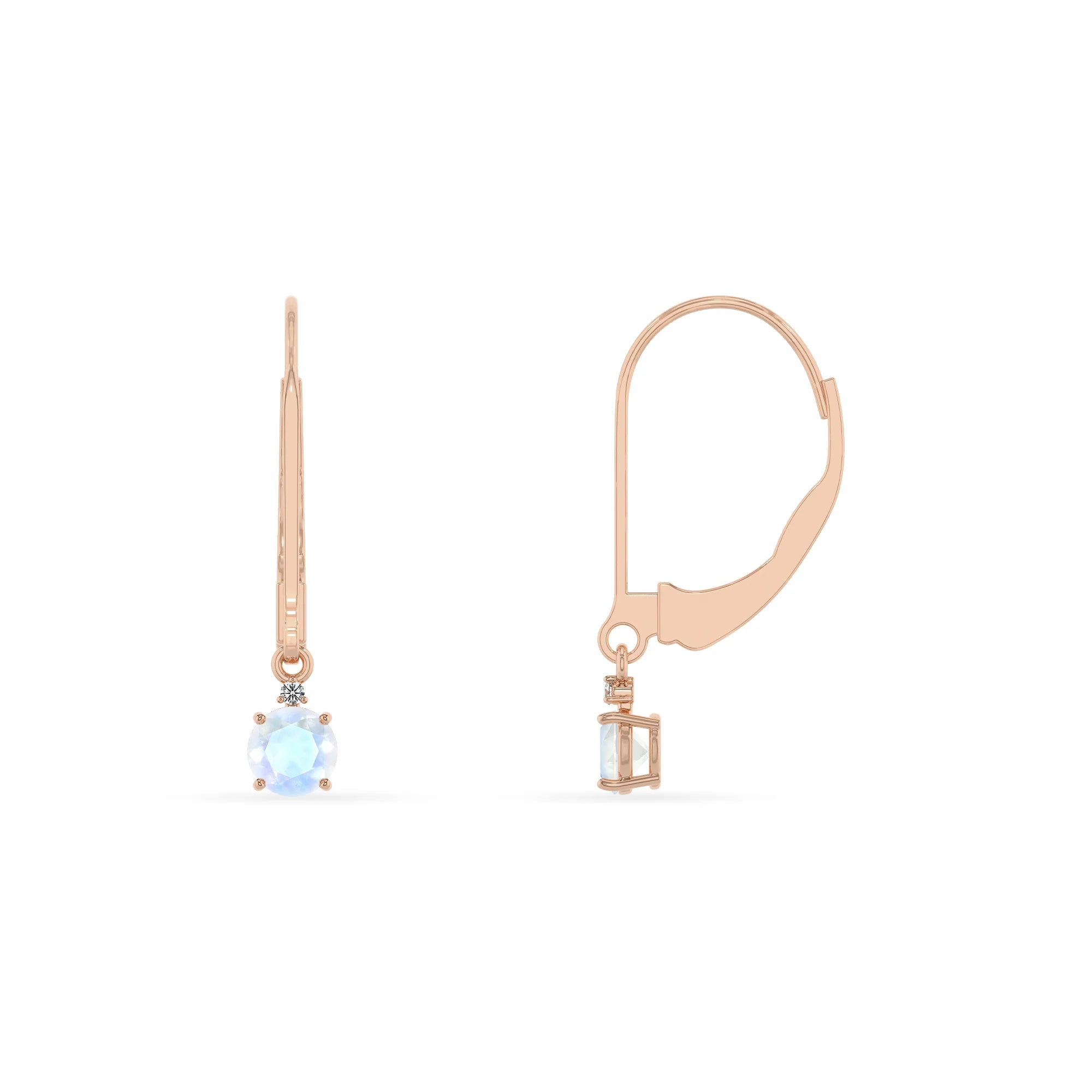 natural rainbow moonstone round drop earrings in rose gold 