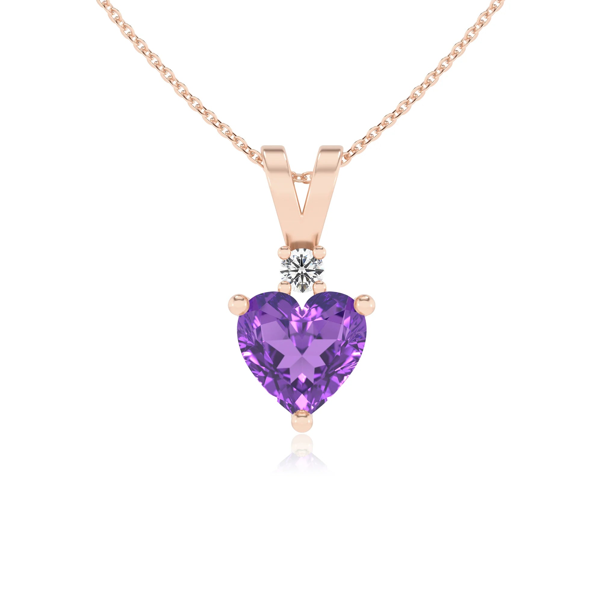 lab grown amethyst heart solitaire v-bale necklaces in rose gold 