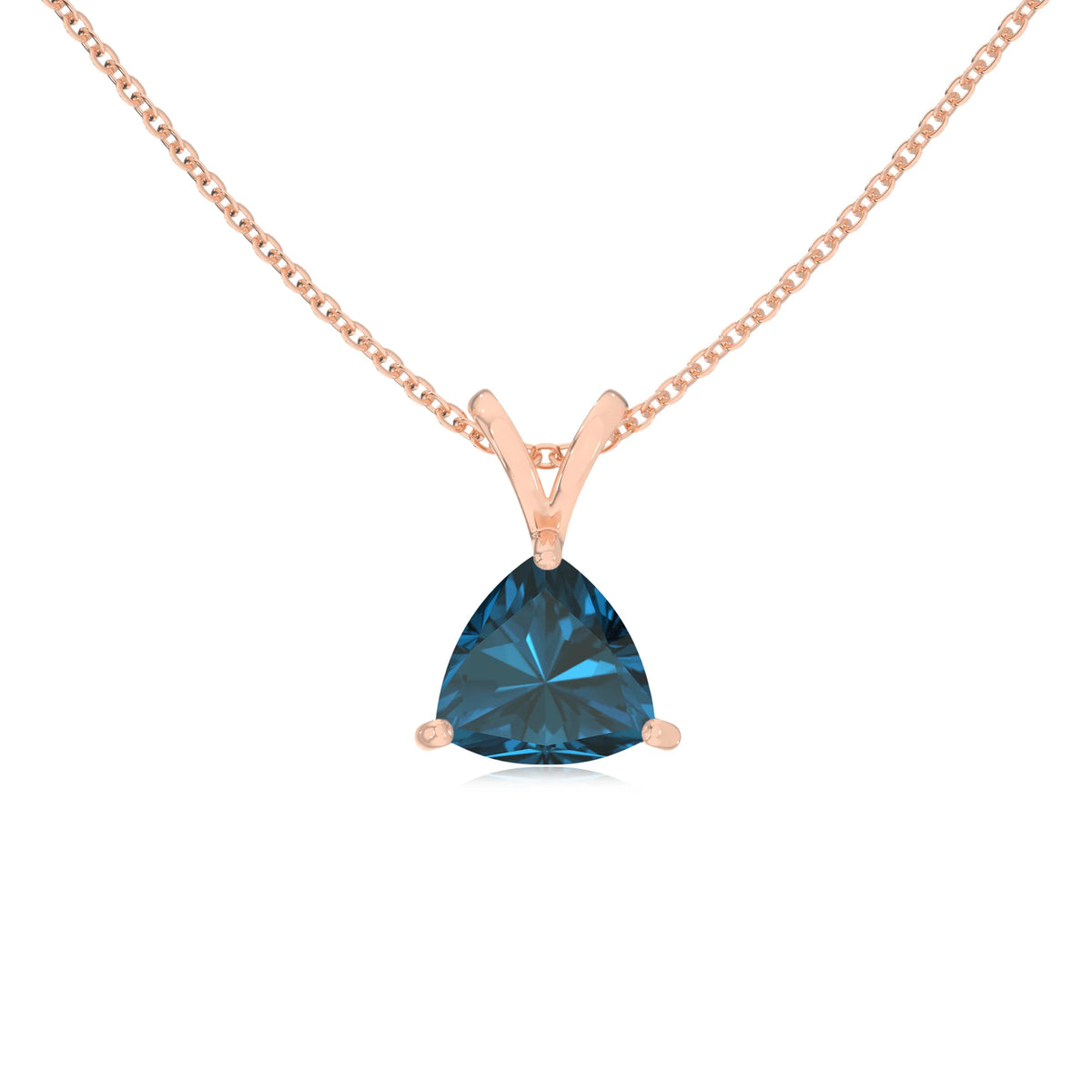 natural london-blue-topaz trillion solitaire v-bale necklaces in rose gold 