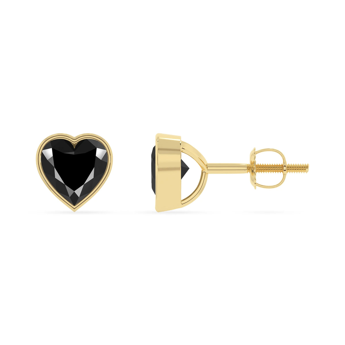 natural black onyx heart stud earrings in yellow gold 