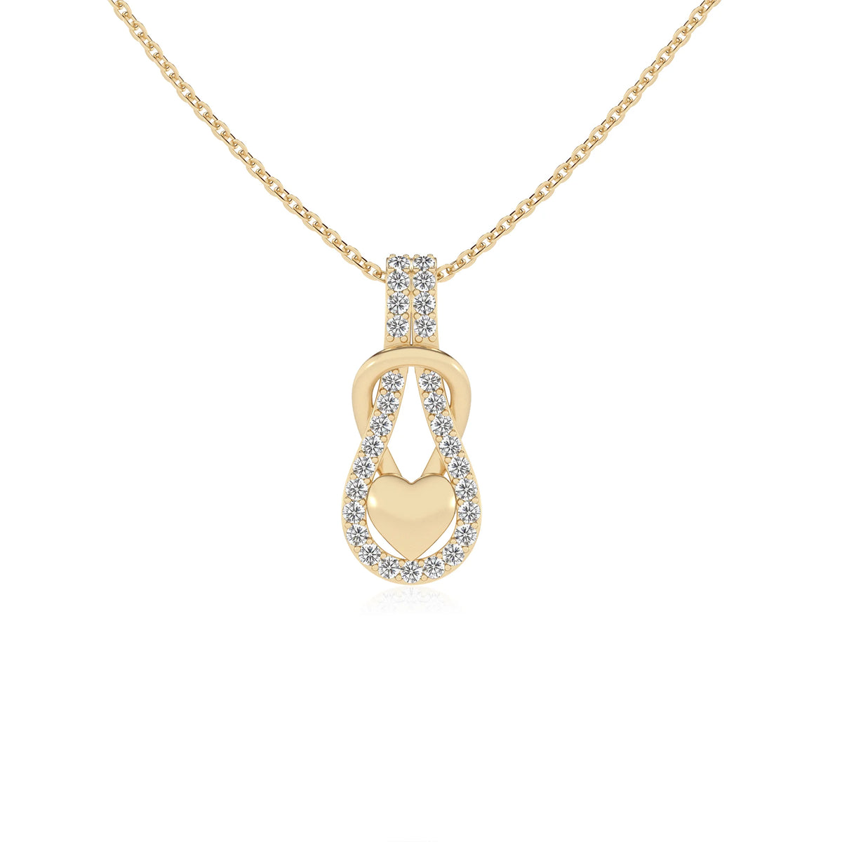 lab grown moissanite round infinity  v-bale necklaces in yellow gold 