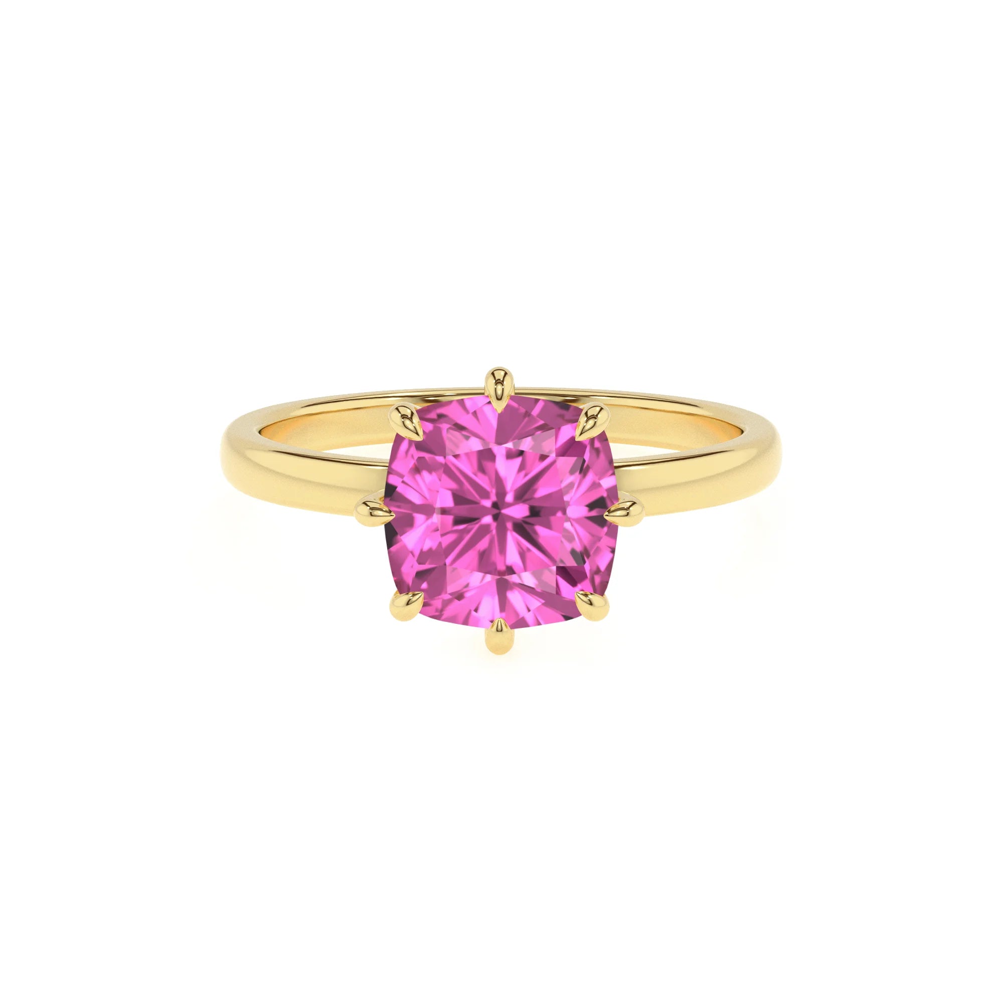 lab grown pink-sapphire cushion solitaire rings in yellow gold 