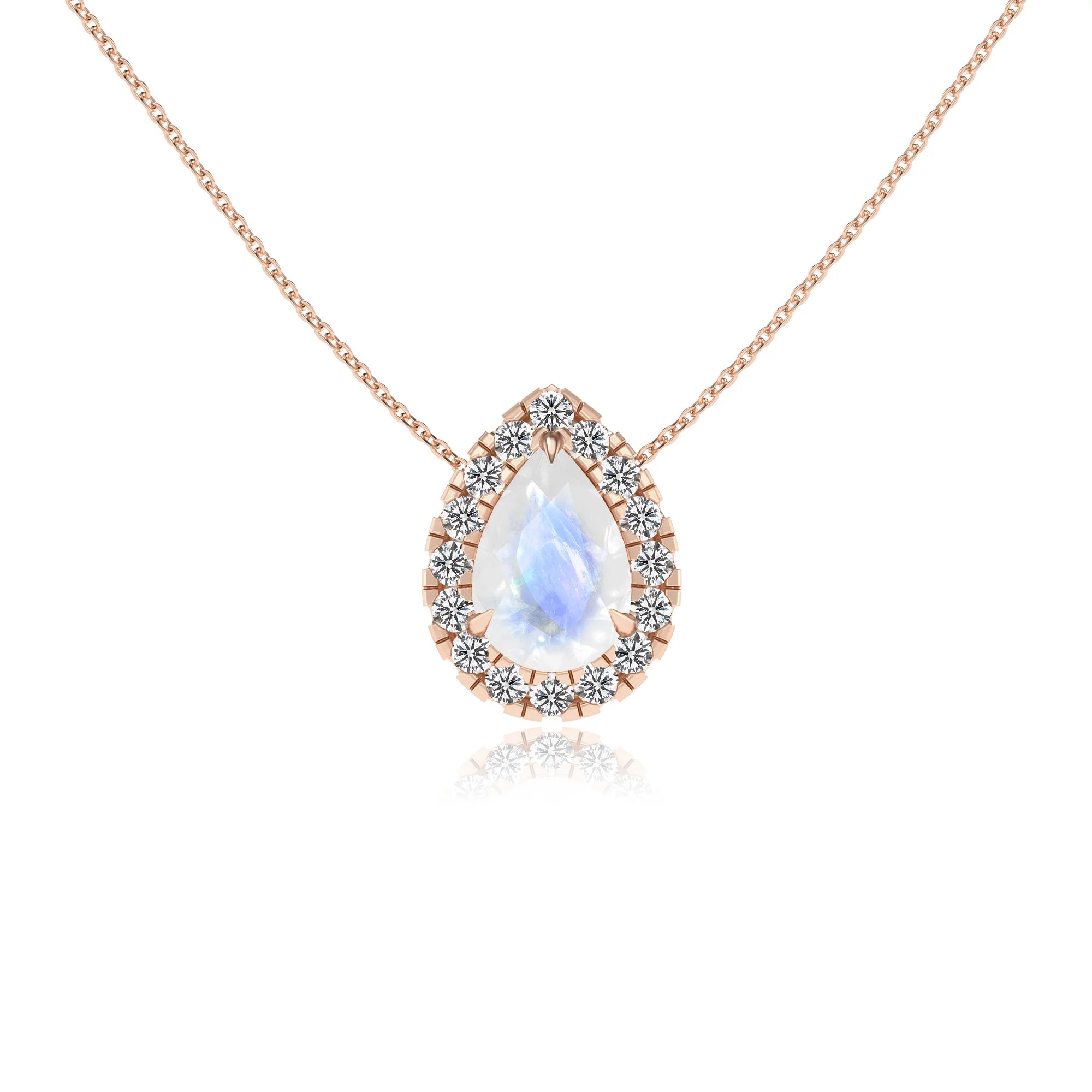 natural rainbow moonstone pear solitaire necklaces in rose gold 