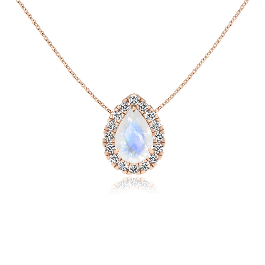 natural rainbow moonstone pear solitaire necklaces in rose gold 