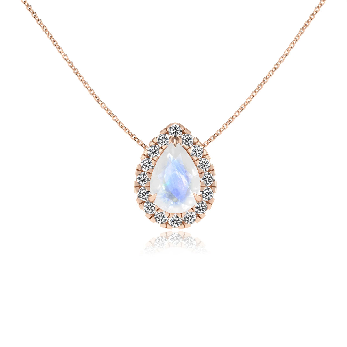 natural rainbow moonstone pear solitaire necklaces in rose gold 