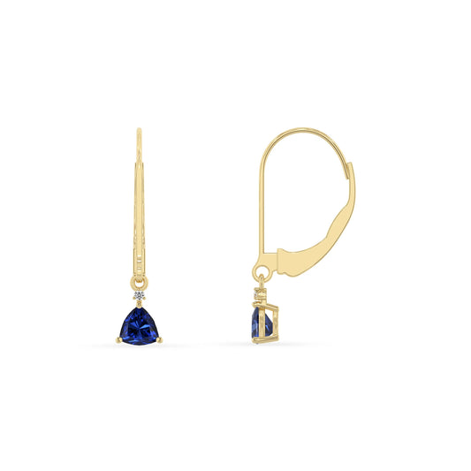 lab grown blue sapphire trillion drop earrings in yellow gold 