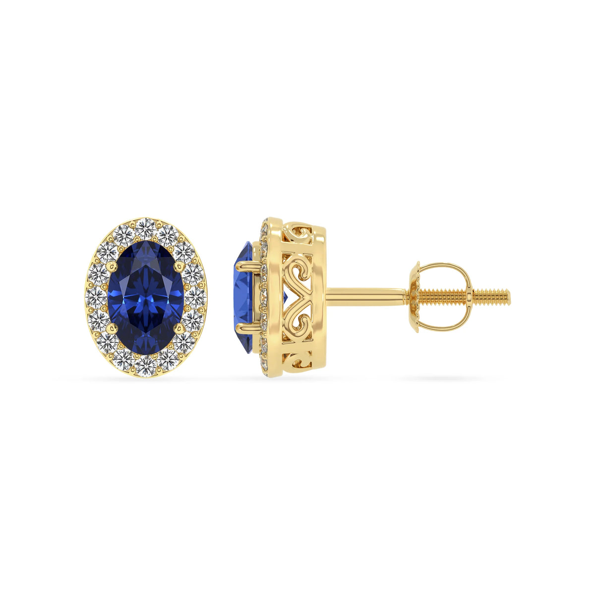 lab grown blue sapphire oval stud earrings in yellow gold 