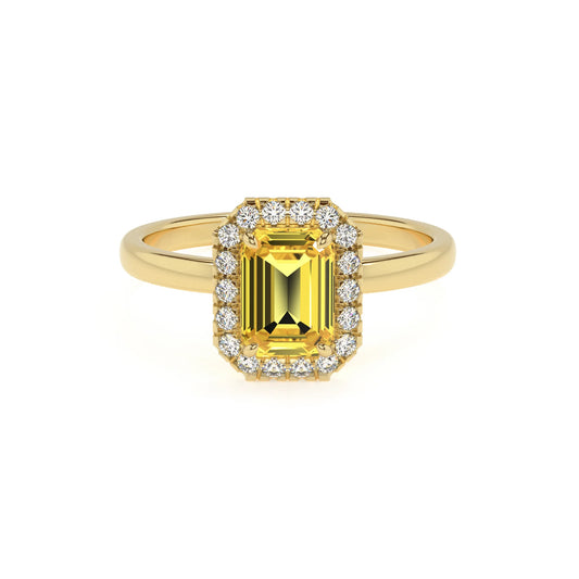 lab grown yellow-sapphire emerald cut solitaire rings in yellow gold 