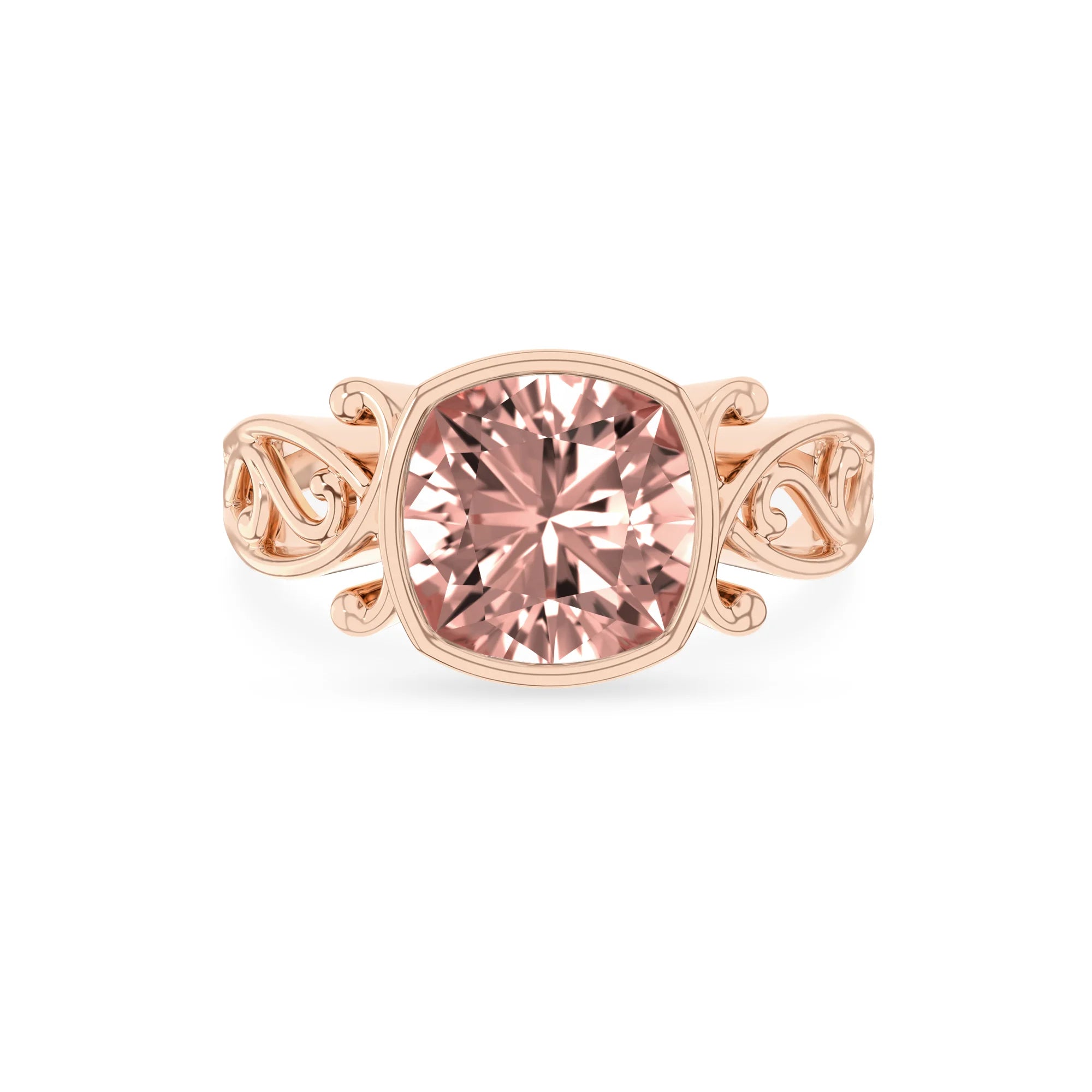 lab grown morganite cushion solitaire rings in rose gold 