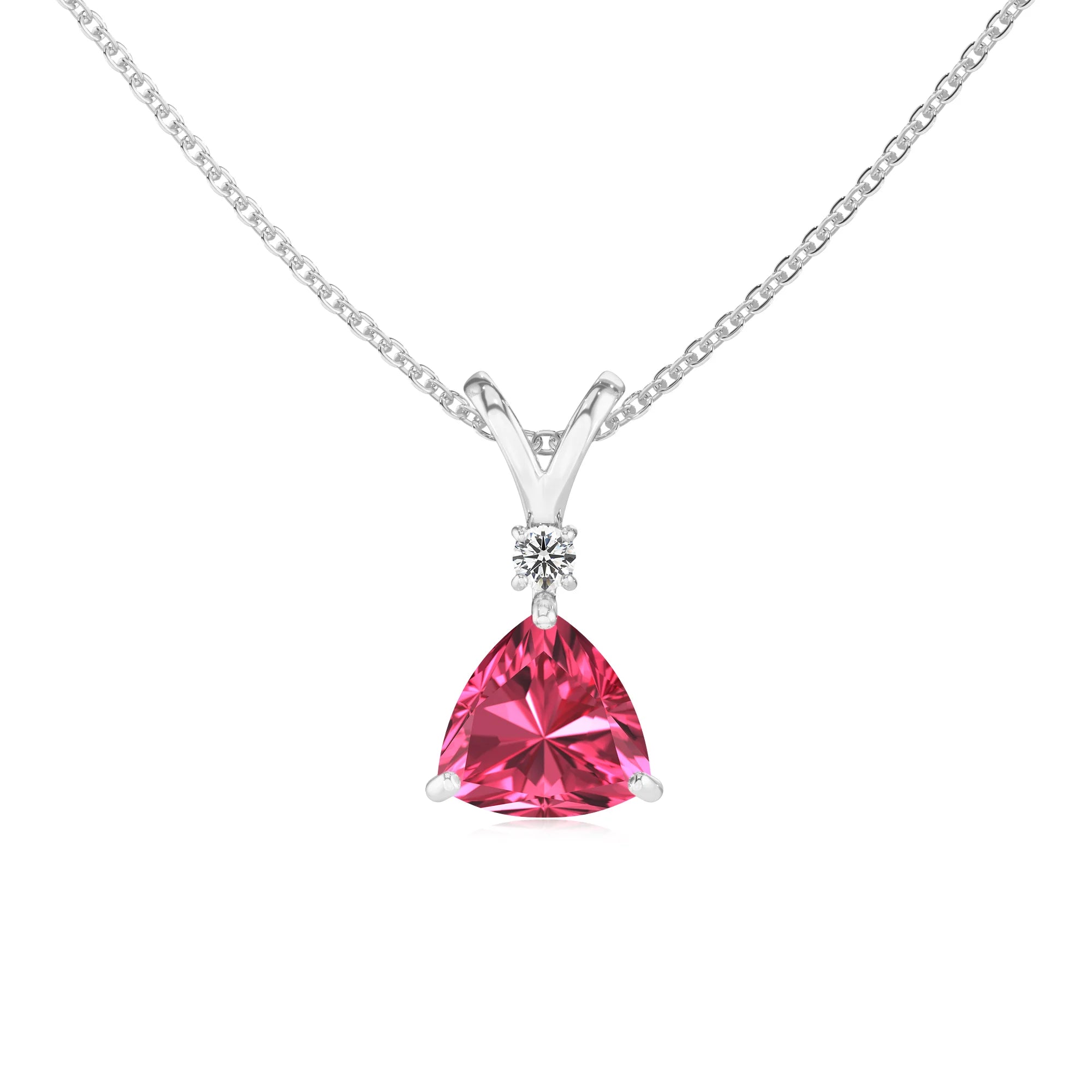 lab grown pink-tourmaline trillion solitaire v-bale necklaces in white gold 