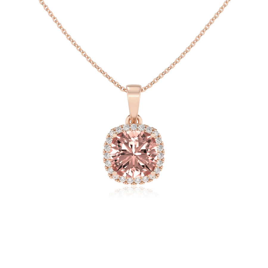 lab grown morganite cushion solitaire necklaces in rose gold 