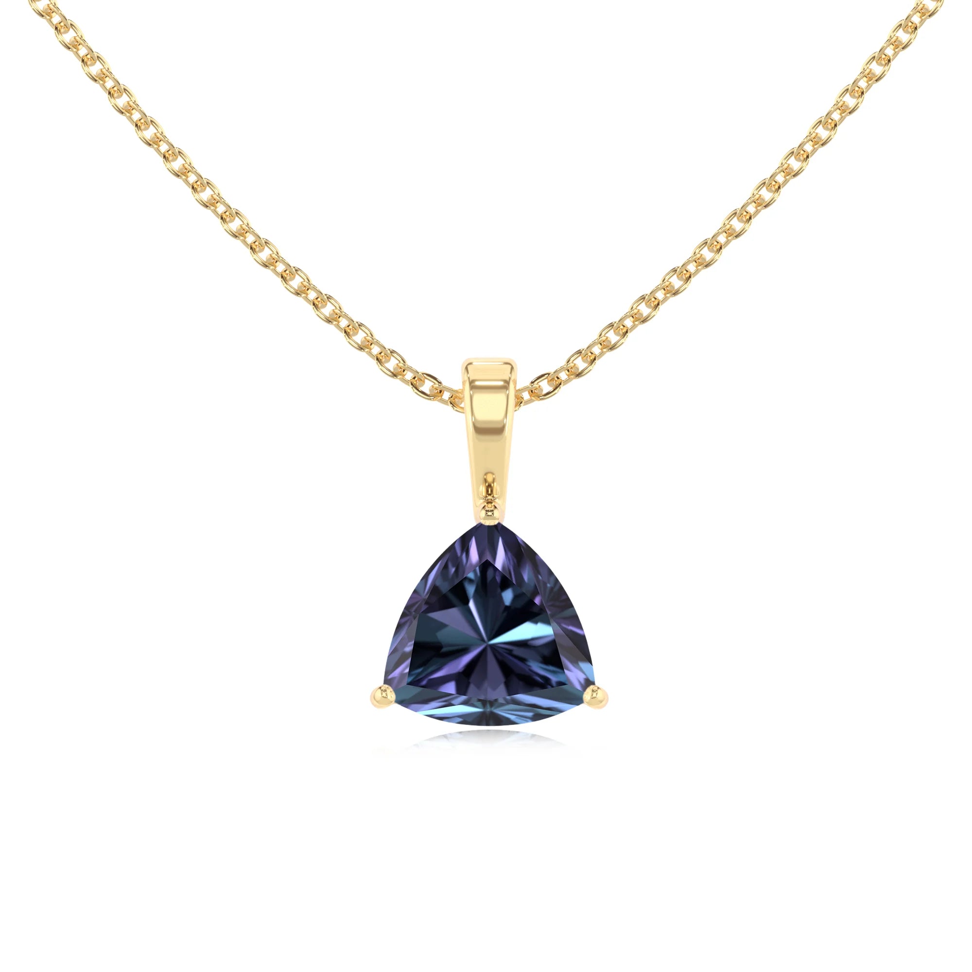 lab grown alexandrite trillion solitaire necklaces in yellow gold 