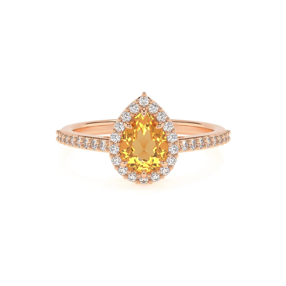 lab grown citrine pear solitaire rings in rose gold 