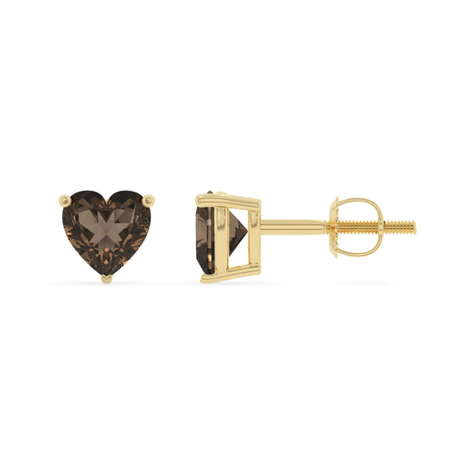 natural smoky quartz heart stud earrings in yellow gold 