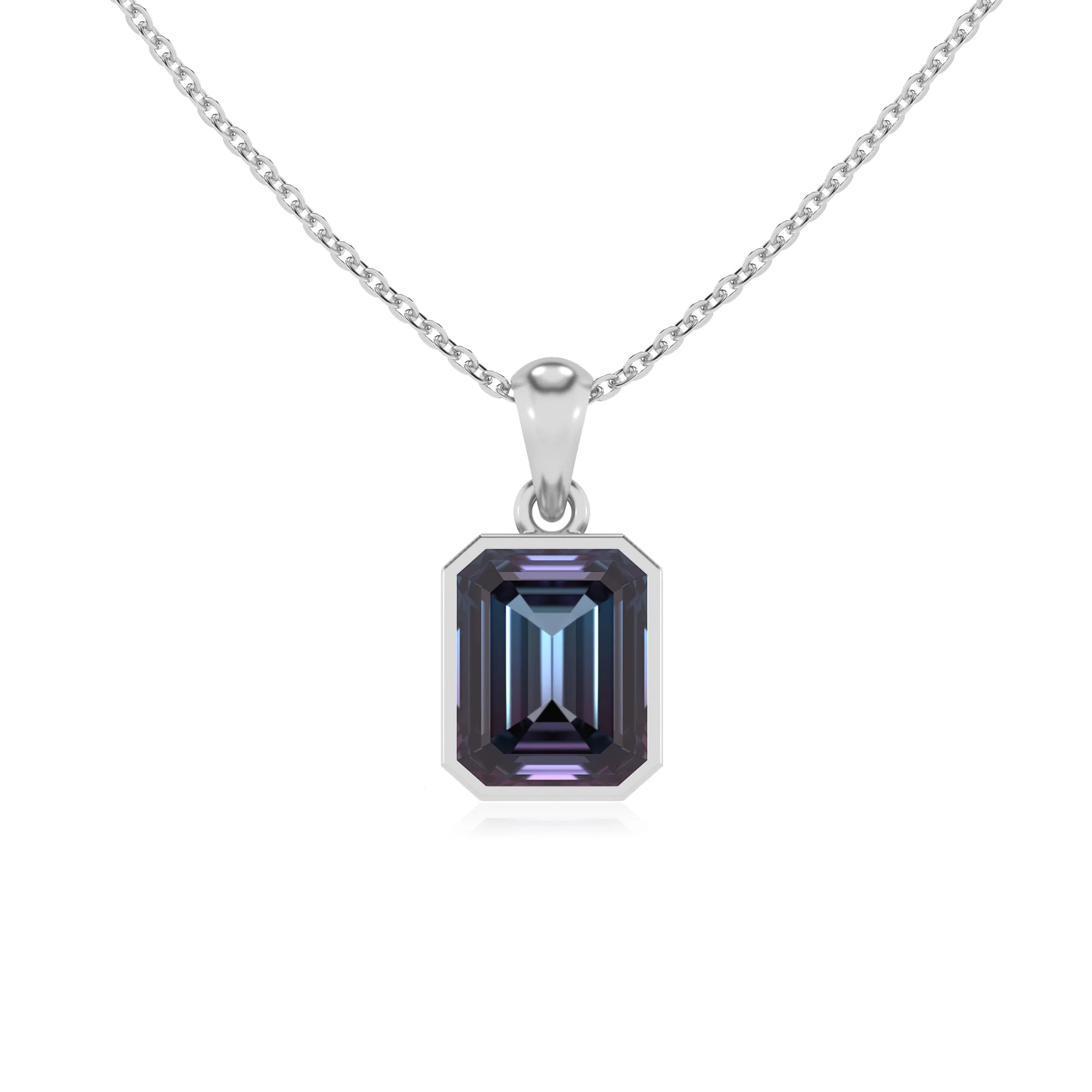 lab grown alexandrite emerald cut solitaire necklaces in white gold 