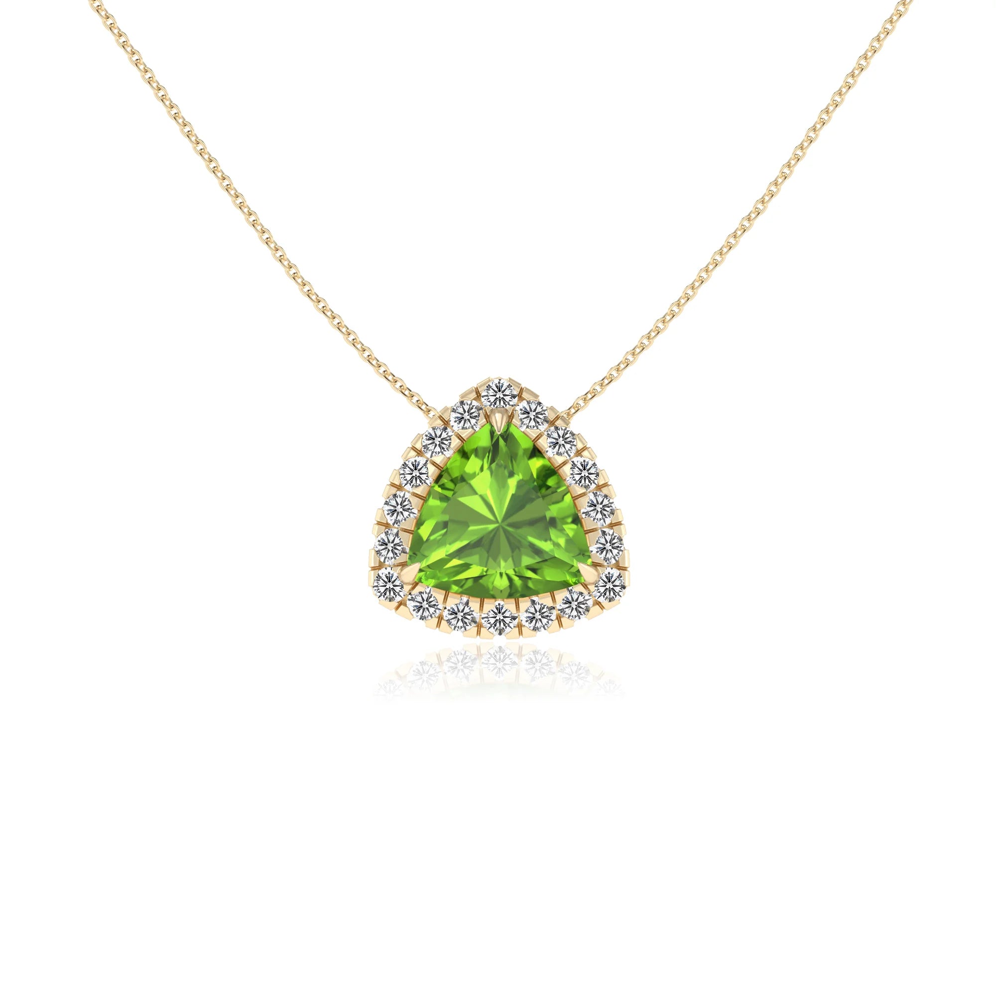 natural peridot trillion solitaire necklaces in yellow gold 