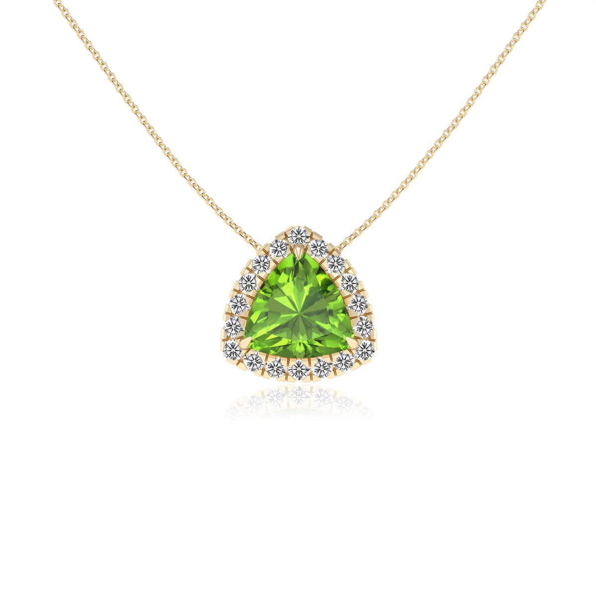 natural peridot trillion solitaire necklaces in yellow gold 