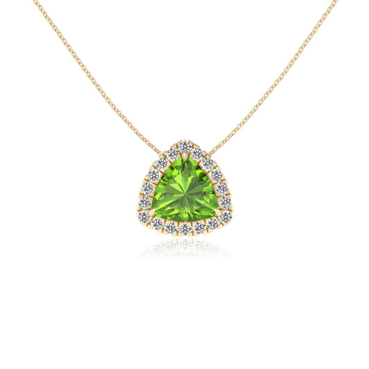 natural peridot trillion solitaire necklaces in yellow gold 