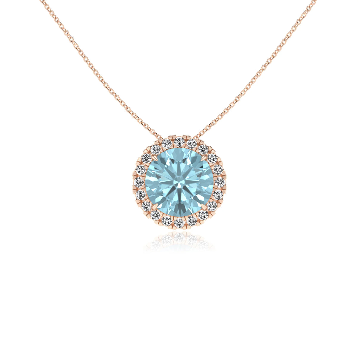 lab grown aquamarine round solitaire necklaces in rose gold 