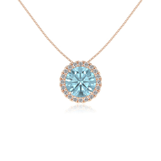 lab grown aquamarine round solitaire necklaces in rose gold 