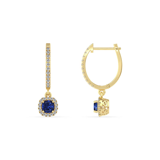 lab grown blue sapphire cushion drop earrings in yellow gold 