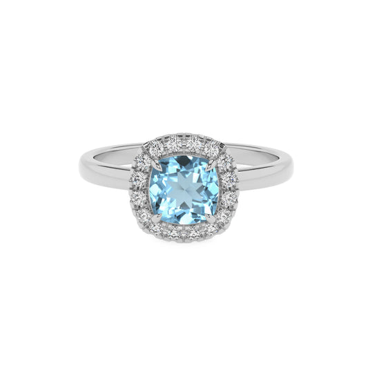 lab grown aquamarine cushion solitaire rings in white gold 
