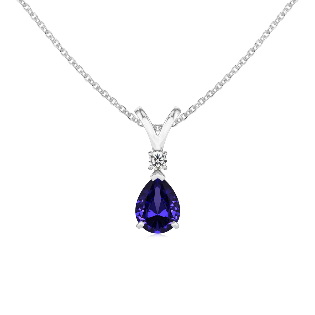 lab grown tanzanite pear solitaire v-bale necklaces in sterling silver 