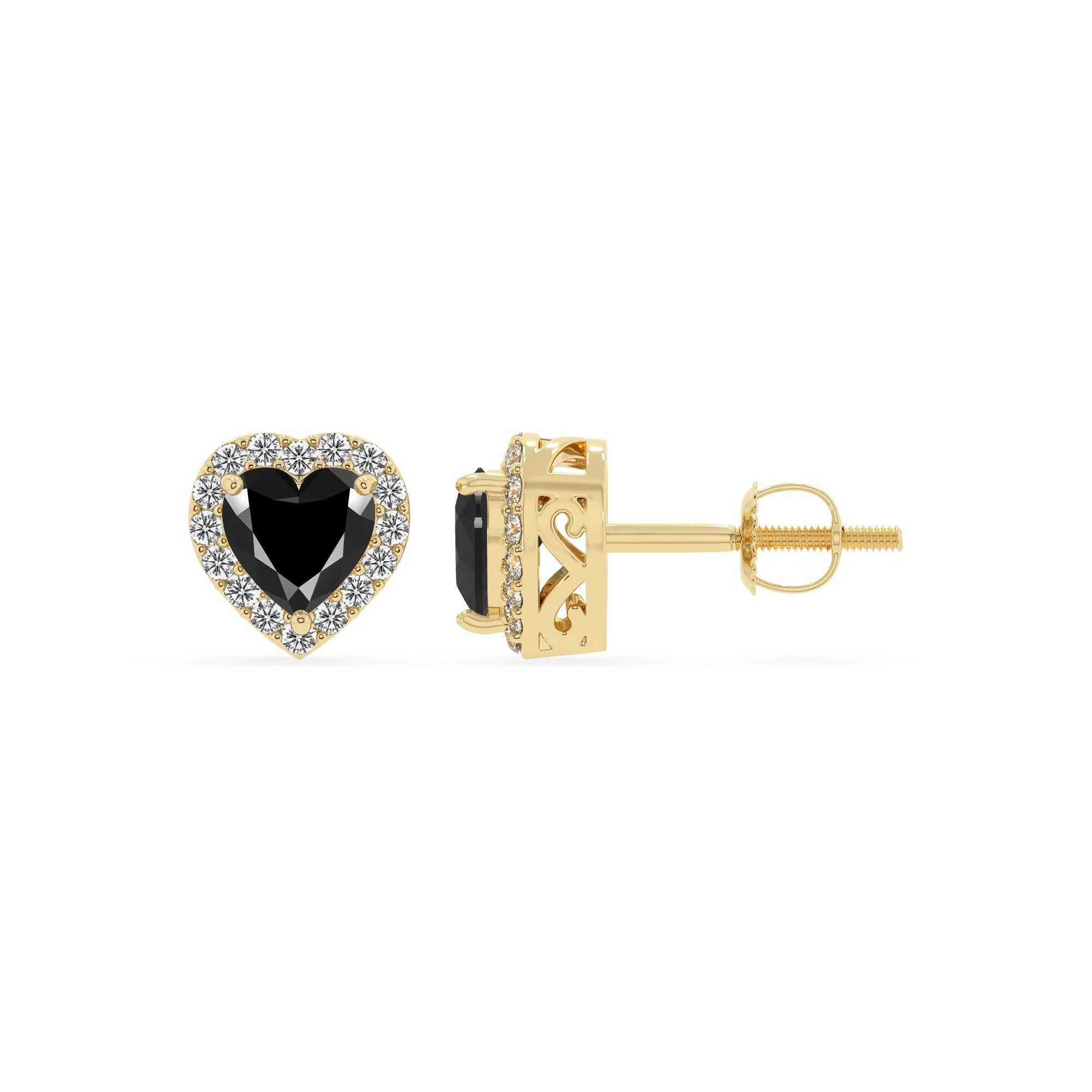 natural black onyx heart stud earrings in yellow gold 