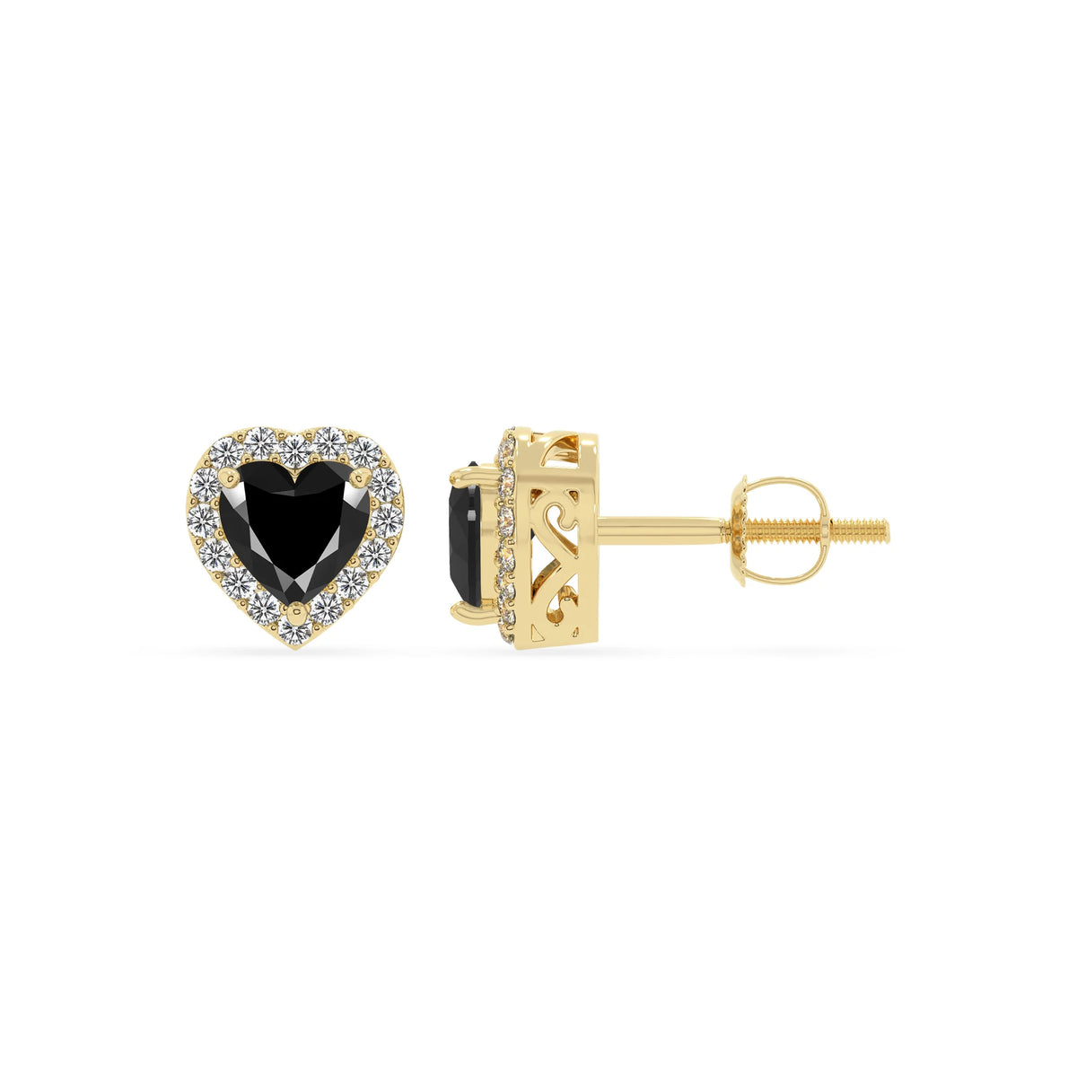 natural black onyx heart stud earrings in yellow gold 