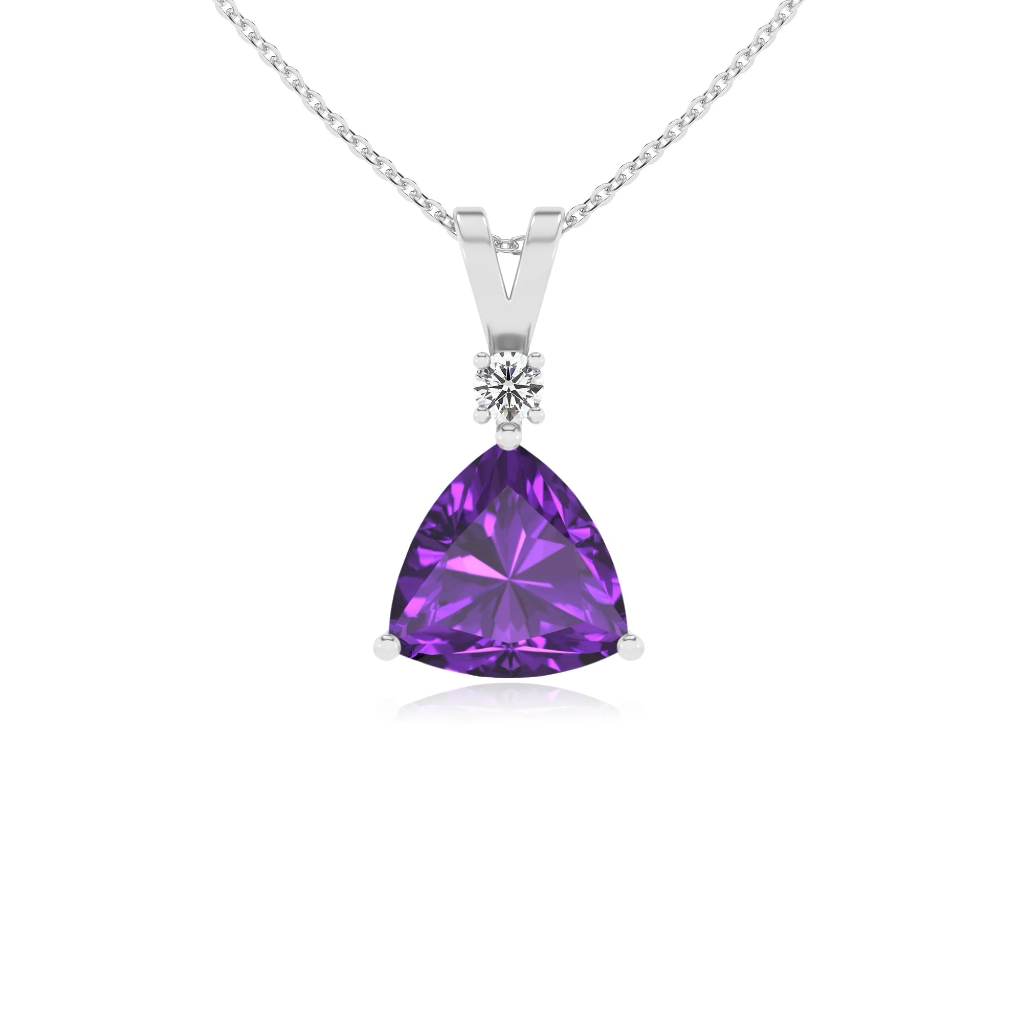 lab grown amethyst trillion solitaire v-bale necklaces in platinum 