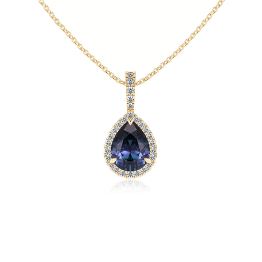 lab grown alexandrite pear solitaire necklaces in yellow gold 