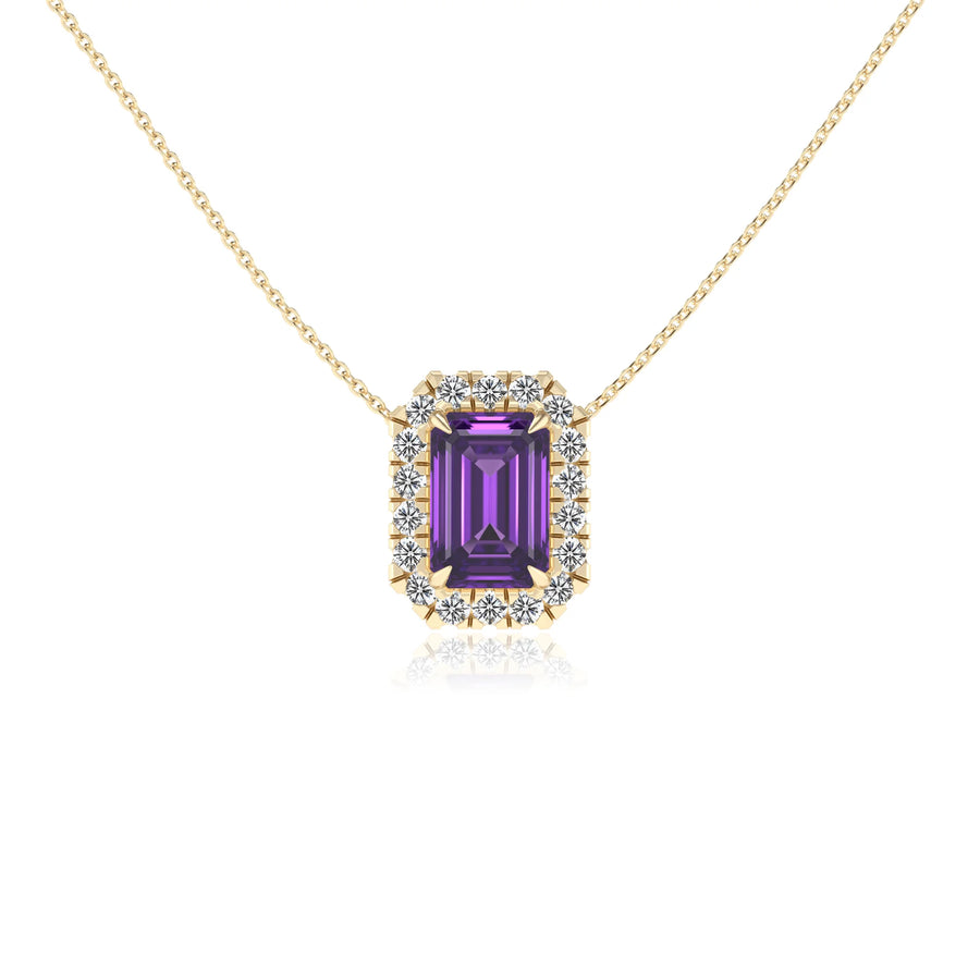 lab grown amethyst emerald cut solitaire necklaces in yellow gold 
