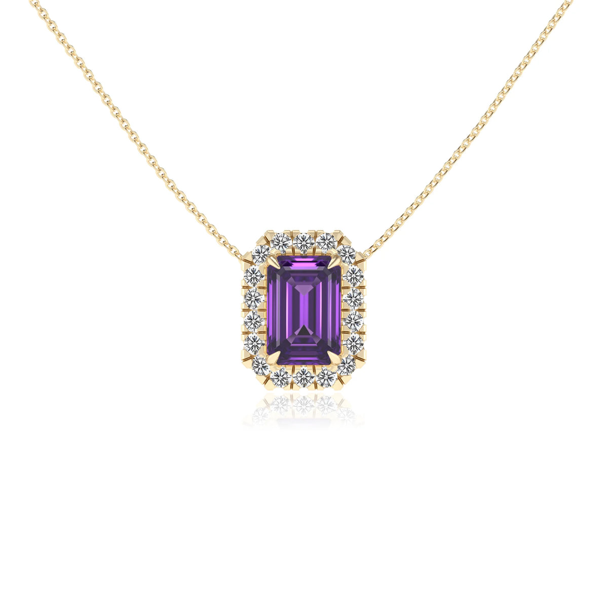 lab grown amethyst emerald cut solitaire necklaces in yellow gold 