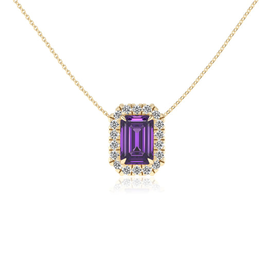 lab grown amethyst emerald cut solitaire necklaces in yellow gold 