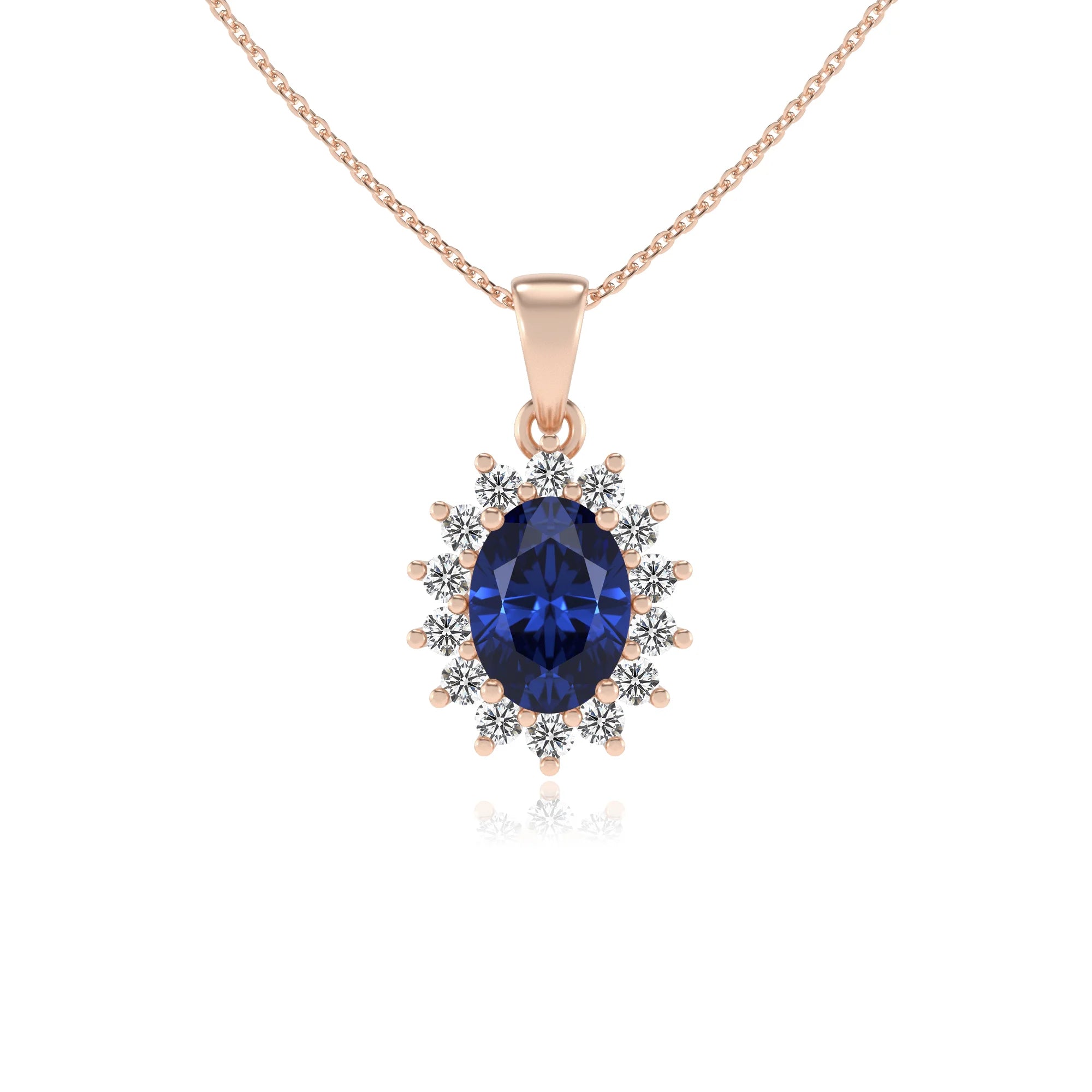 lab grown blue-sapphire oval halo necklaces in rose gold 