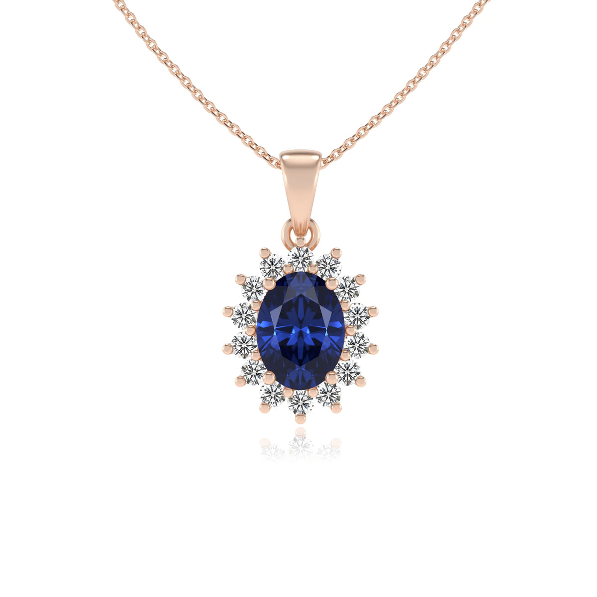 lab grown blue-sapphire oval halo necklaces in rose gold 