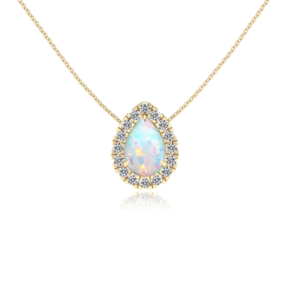 lab grown opal pear solitaire necklaces in yellow gold 