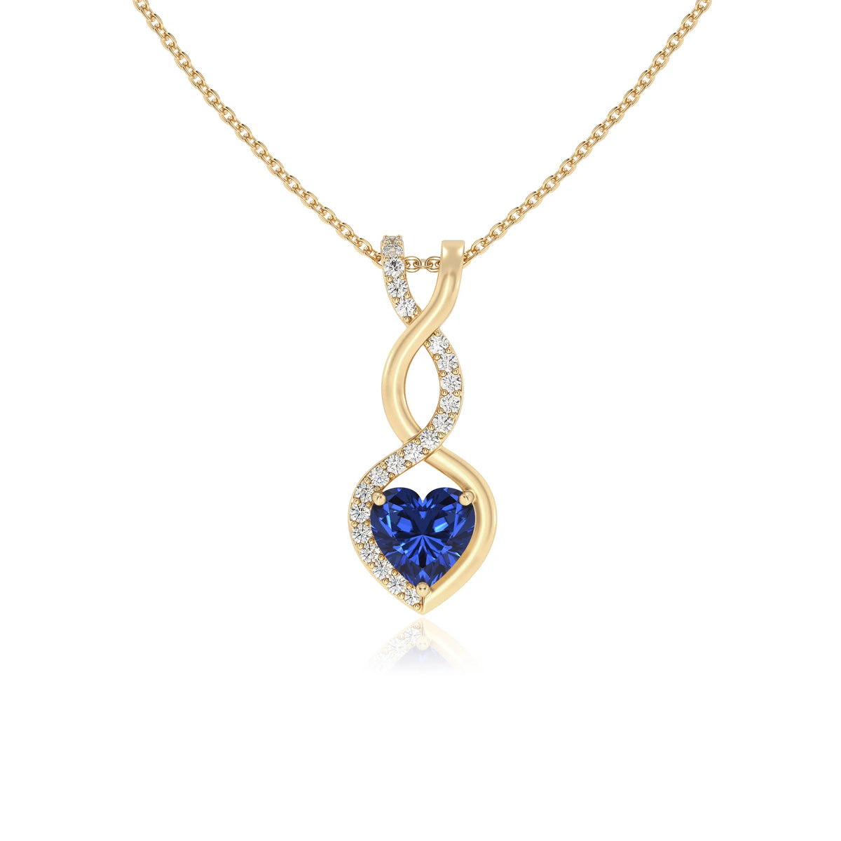 lab grown blue-sapphire heart infinity necklaces in yellow gold 