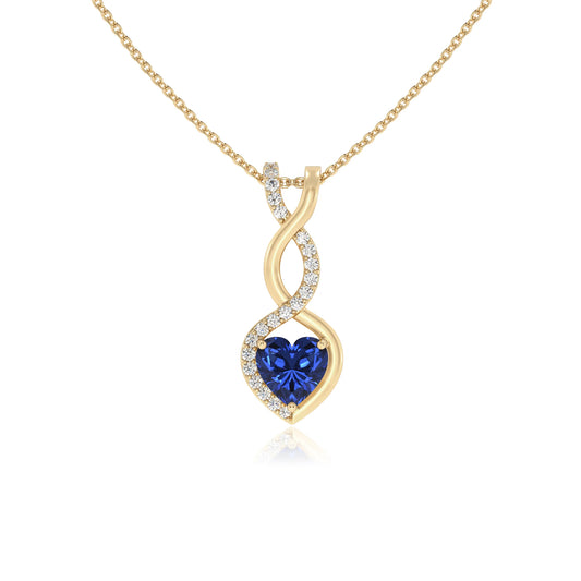 lab grown blue-sapphire heart infinity necklaces in yellow gold 