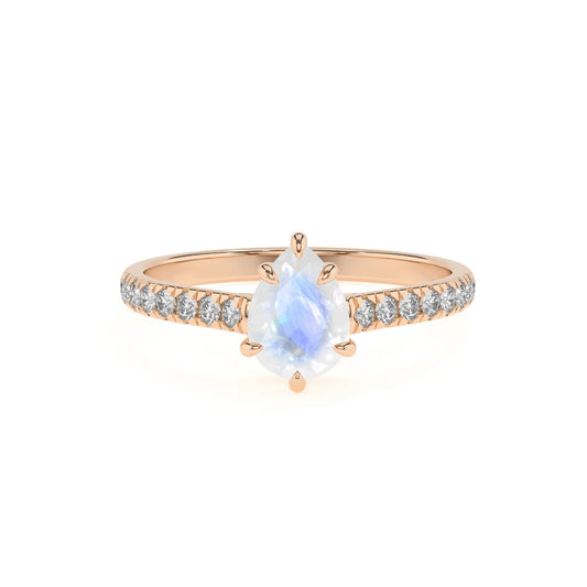 natural rainbow-moonstone pear half eternity solitaire engagement rings in rose gold 
