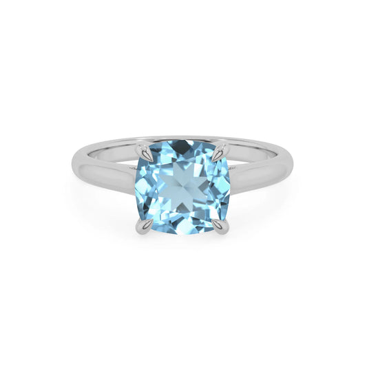 lab grown aquamarine cushion solitaire rings in platinum 