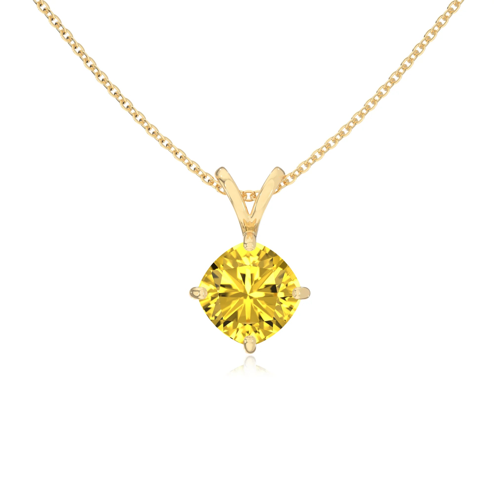 lab grown yellow-sapphire cushion solitaire v-bale necklaces in yellow gold 