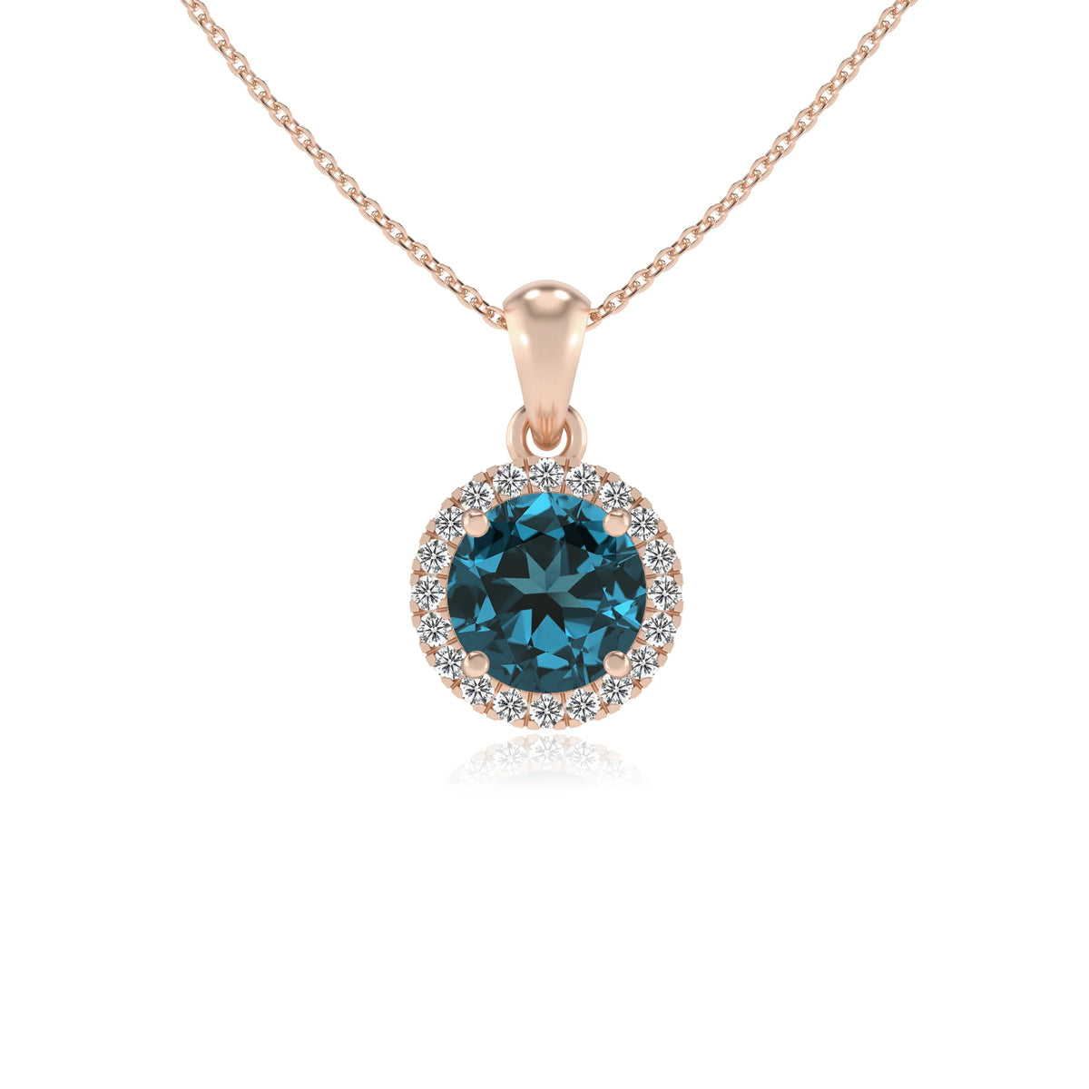 natural london-blue-topaz round solitaire necklaces in rose gold 